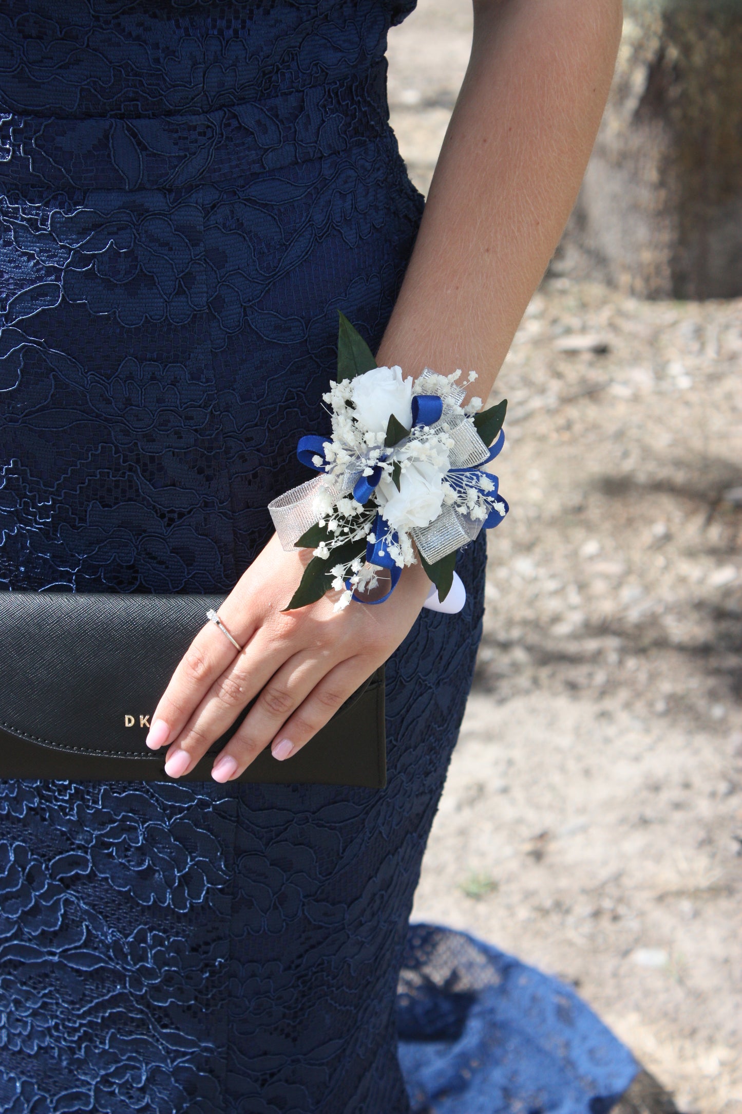 Blue and silver rose Corsage